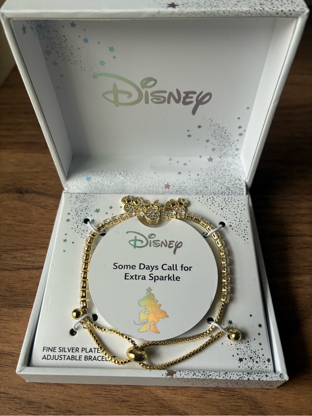 Disney Gold (Silver Plated) Minnie Mouse Sparkle Adjustable Bracelet & Earrings